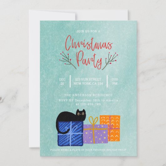 Black Cat Koffie Blauw Kerstfeest Uitnodiging (Voorkant)