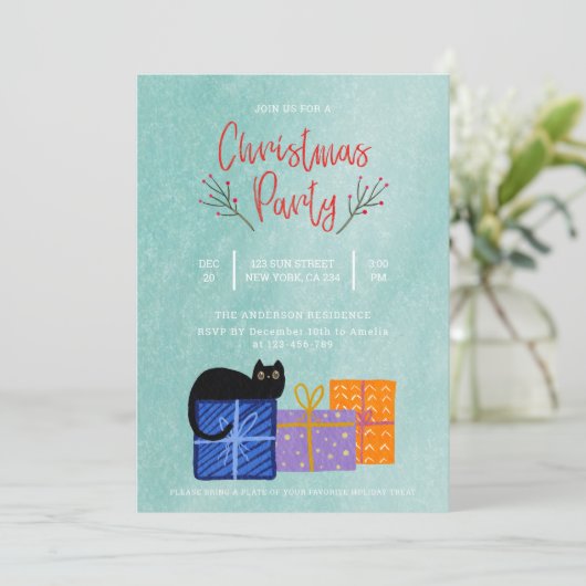 Black Cat Koffie Blauw Kerstfeest Uitnodiging (Staand voorkant)