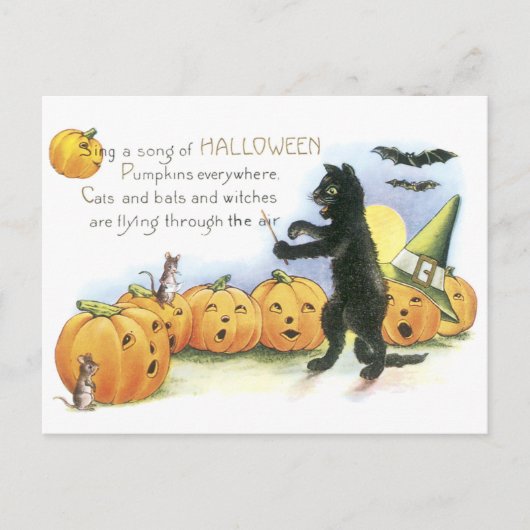 Black Cat Leading Jack O' Lantern Halloween Choir Briefkaart (Voorkant)