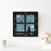 Black Cat Looking Out Window At Heaven Vierkante Klok (Huis)