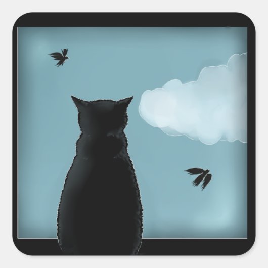 Black Cat Looking Out Window At Heaven Vierkante Sticker (Voorkant)