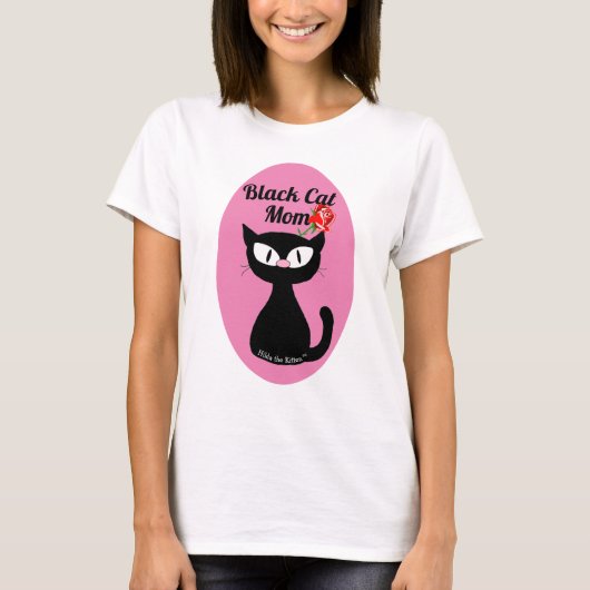 Black Cat mam Cute Cartoon Black Cat met Red Rose T-shirt (Voorkant)