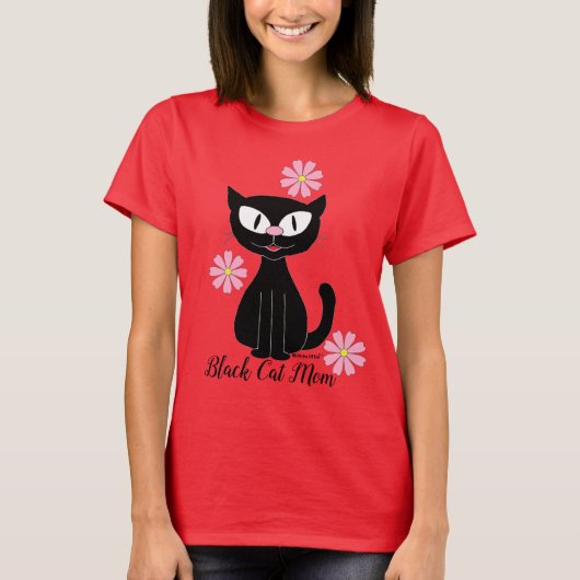 Black Cat mam met  roze druppelklep T-shirt (Voorkant)