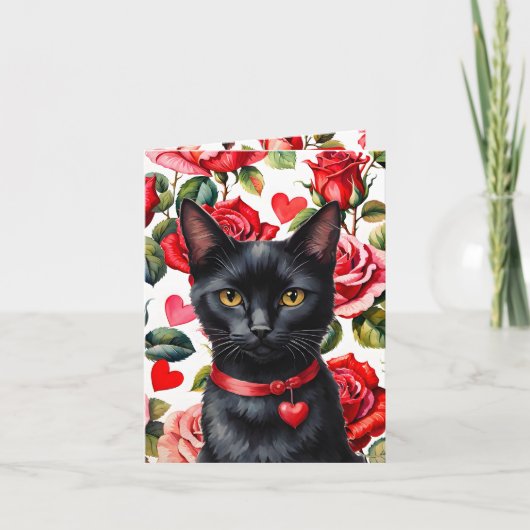 Black Cat Maximalist Roses & Hearts Pun Valentine Kaart (Voorkant)
