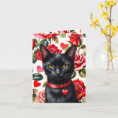 Black Cat Maximalist Roses & Hearts Pun Valentine Kaart (Gele Bloem)