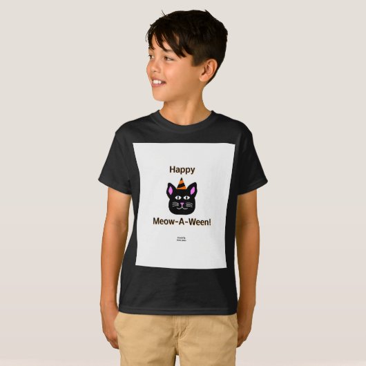 Black Cat Meow-A-Ween Boys Black Basic T-Shirt (Voorkant volledig)