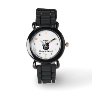 Black Cat Meow-A-Ween Kinder Silver Glitter Watch Horloge