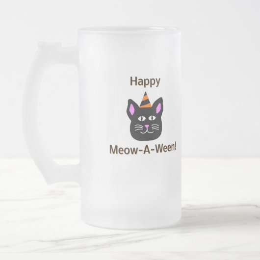 Black Cat Meow-A-Ween Large Frosted Glass Mok (Links)