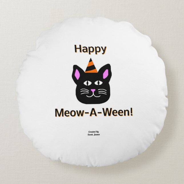 Black Cat Meow-A-Ween Round Sierkussen Rond Kussen (Voorkant)