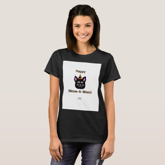Black Cat Meow-A-Ween Vrouwen Zwart Basic T Shirt (Voorkant volledig)