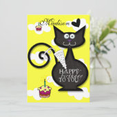 Black Cat Meow Happy Birthday uitnodiging (Staand voorkant)