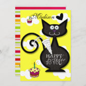 Black Cat Meow Happy Birthday uitnodiging (Voorkant / Achterkant)