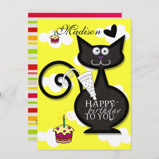 Black Cat Meow Happy Birthday uitnodiging (Voorkant / Achterkant)