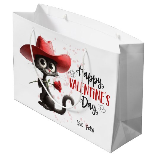 Black Cat Met Cowboy Pet Happy Valentijnsdag Groot Cadeauzakje (Achterkant Gekanteld)
