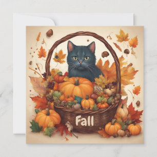 Black Cat met Herfst Oogstmand Bruin Feestdagenkaart