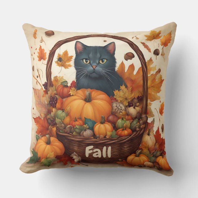 Black Cat met Herfst Oogstmand Bruin Kussen (Voorkant)