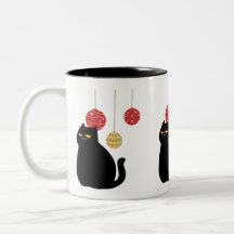 Black Cat met Kerst Ornamenten Mok