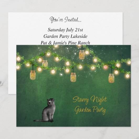 Black Cat met Mason Jars en Fireflies Invitation Kaart (Voorkant / Achterkant)