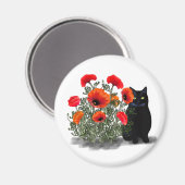 Black Cat met Poppies Magnet (Voorkant / Achterkant)