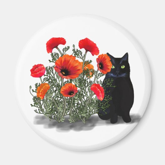 Black Cat met Poppies Magnet (Voorkant)