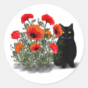 Black Cat met Poppies Stickers