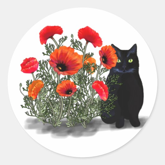 Black Cat met Poppies Stickers (Voorkant)