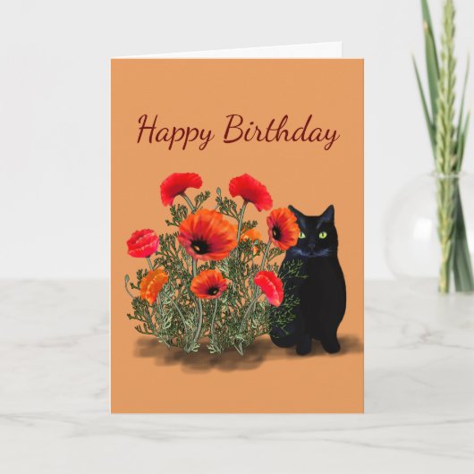 Black Cat met Poppies Verjaardag Kaart (Voorkant)