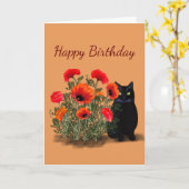 Black Cat met Poppies Verjaardag Kaart (Gele Bloem)