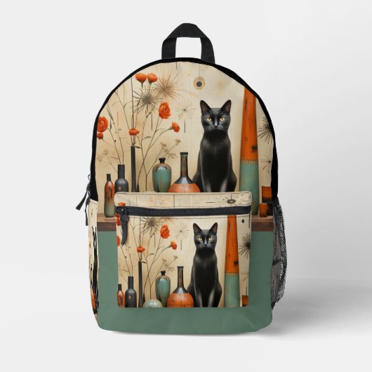 Black Cat Mid Century Mod Turquoise Zwart Sinaasap Bedrukte Rugzak (Voorkant)