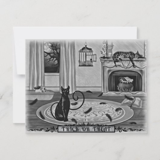 Black Cat, Missing Bird, Mischief Halloween Party Kaart (Voorkant)