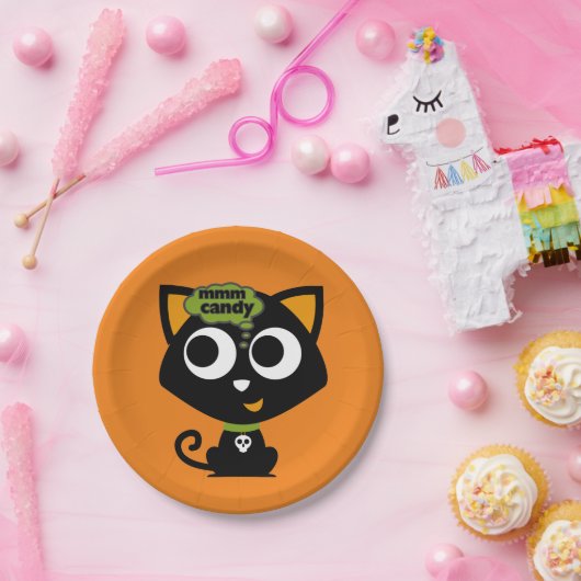 Black Cat Mmm Snoep Halloween Papieren Bordje (Feest)