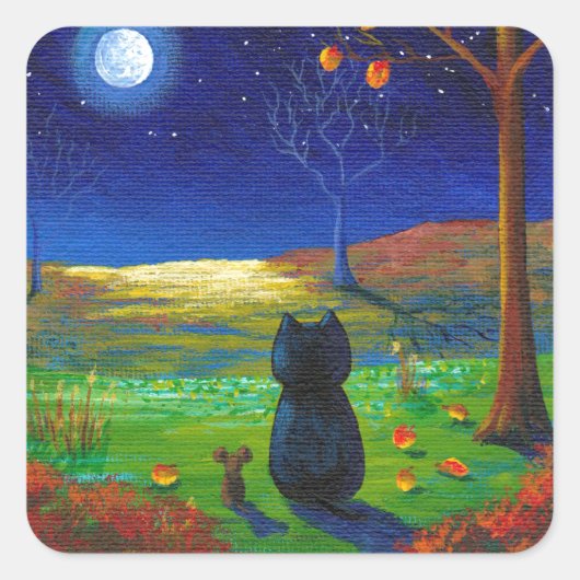Black Cat Moon Fall blaast Creationarts Vierkante Sticker (Voorkant)