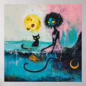 Black Cat Moon Magical Witchy AI Art Semi-Gloss Poster (Voorkant)