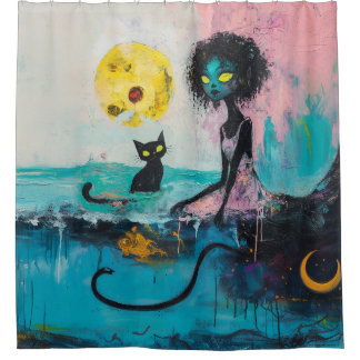 Black Cat Moon Ocean Pink Magical Witchy AI Art Douchegordijn