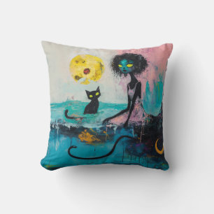 Black Cat Moon Ocean Pink Magical Witchy AI Art Kussen