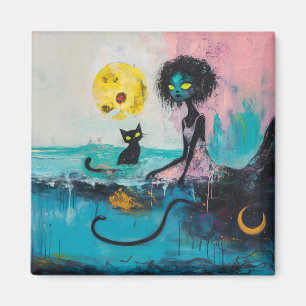 Black Cat Moon Ocean Pink Magical Witchy AI Art Magneet