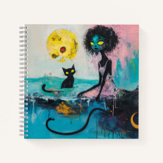 Black Cat Moon Ocean Pink Magical Witchy AI Art Notitieboek