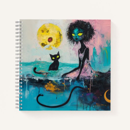 Black Cat Moon Ocean Pink Magical Witchy AI Art Notitieboek (Voorkant)