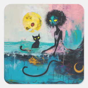 Black Cat Moon Ocean Pink Magical Witchy AI Art Vierkante Sticker