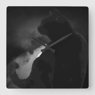 Black Cat Moonlight Silhouette Vierkante Klok