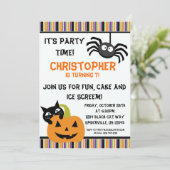Black Cat n Spider Halloween Birthday Party Invite Kaart (Staand voorkant)