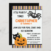 Black Cat n Spider Halloween Birthday Party Invite Kaart (Voorkant / Achterkant)