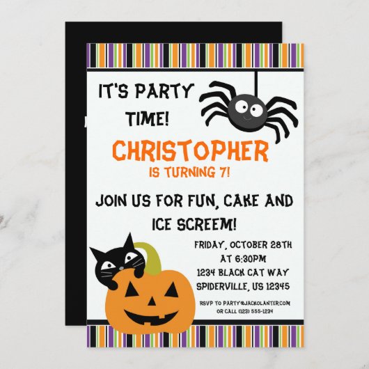 Black Cat n Spider Halloween Birthday Party Invite Kaart (Voorkant / Achterkant)