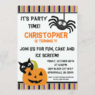 Black Cat n Spider Halloween Birthday Party Invite Kaart