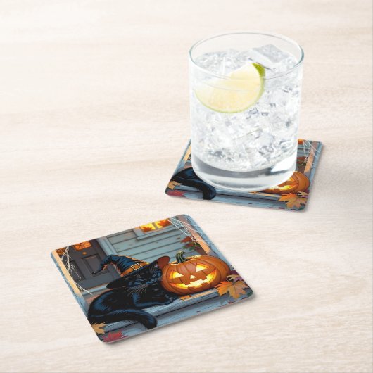 Black Cat Napping on Pumpkin Halloween  Kartonnen Onderzetters (Insitu)