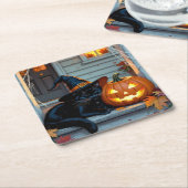 Black Cat Napping on Pumpkin Halloween  Kartonnen Onderzetters (Schuin)
