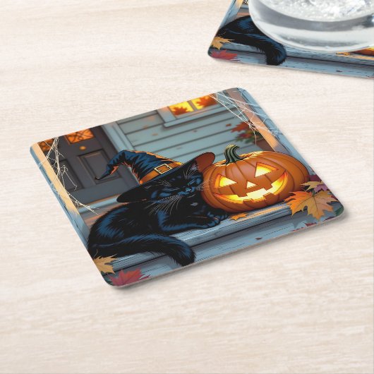 Black Cat Napping on Pumpkin Halloween  Kartonnen Onderzetters (Schuin)