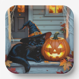 Black Cat Napping on Pumpkin Halloween  Papieren Bordje