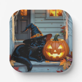 Black Cat Napping on Pumpkin Halloween  Papieren Bordje