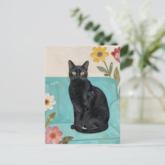 Black Cat on a Blue Couch Briefkaart (Staand voorkant)
